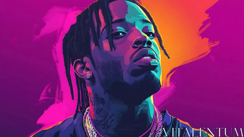 Neon-lit portrait carves bold rhythm into the violet dusk