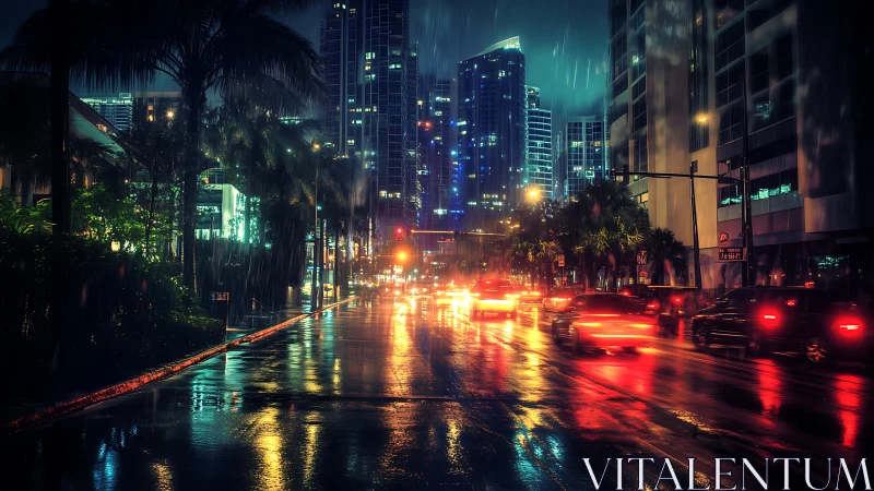 Rainy city street with traffic and neon reflections at night.