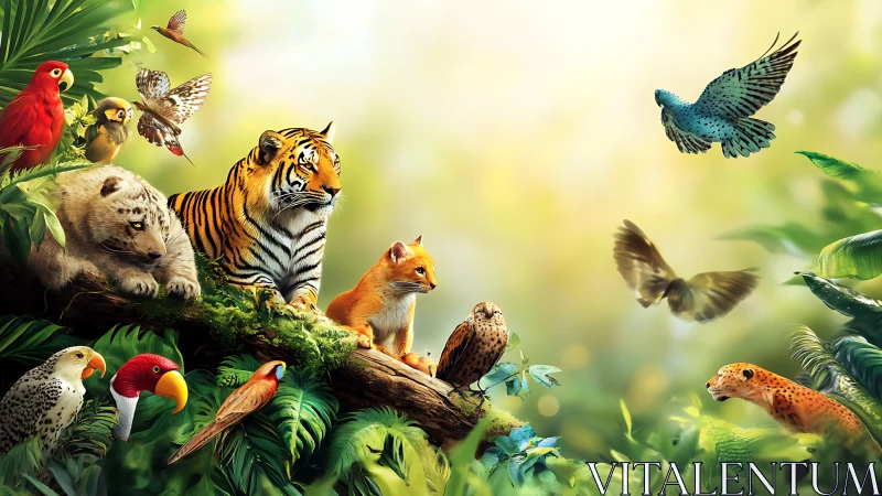 Jungle council of paws and wings in golden morning hush.