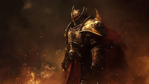 Heavily armored infernal warlord in ember‑lit wasteland