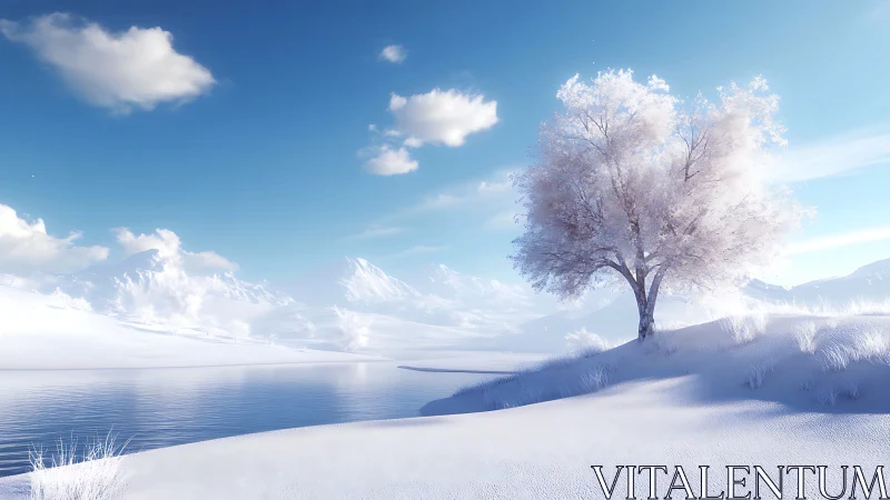 Solitary frost laden tree beside reflective winter lake