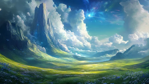 Celestial valley unfolds beneath towering emerald spires.