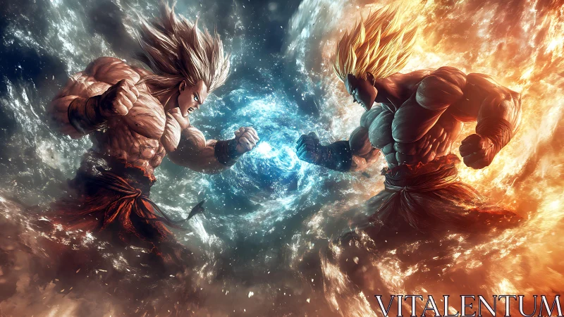 Elemental superhuman duel with opposing fire and ice auras