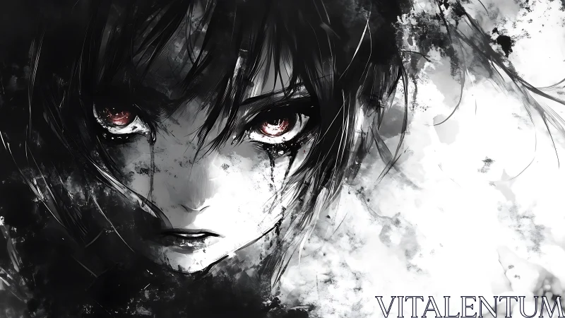 Dark anime portrait with intense red eyes and ink chaos
