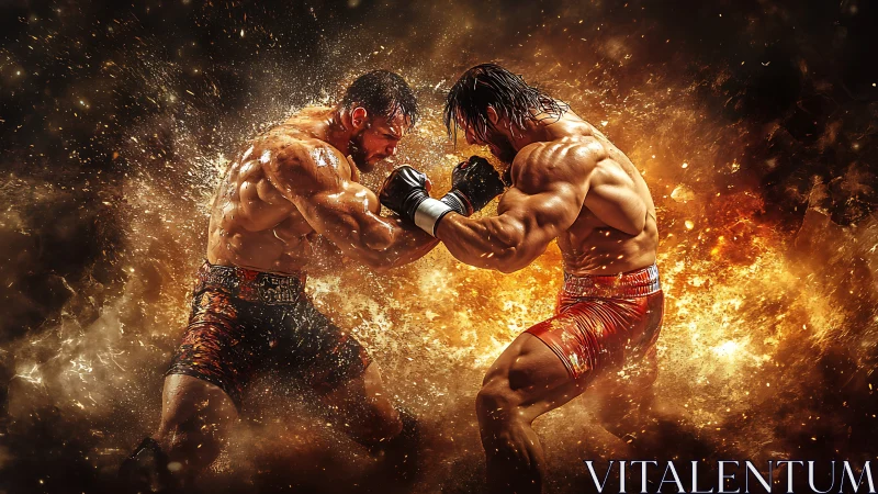 Two Boxers Clash In Fiery Combat Arena Explosion.