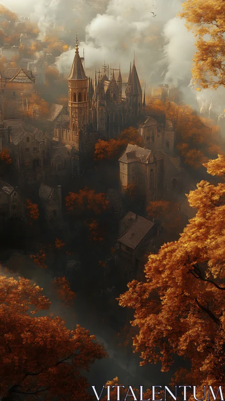 Gothic hilltop castle rising above dense autumn forest.