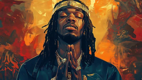 Portrait shows man with clasped hands against fiery abstract backdrop