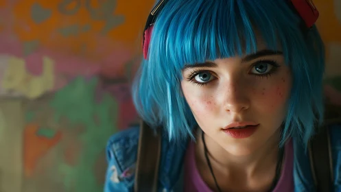 Young person with blue hair against soft abstract backdrop.