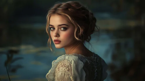 Soft evening portrait of young woman by tranquil lakeside