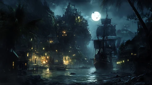 Dark Fantasy Harbor City with Moonlit Pirate Ship