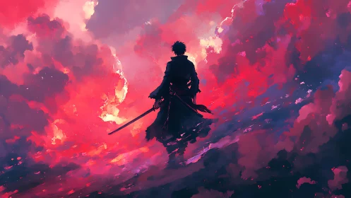 Swordwalker in crimson stormclouds between fading worlds.
