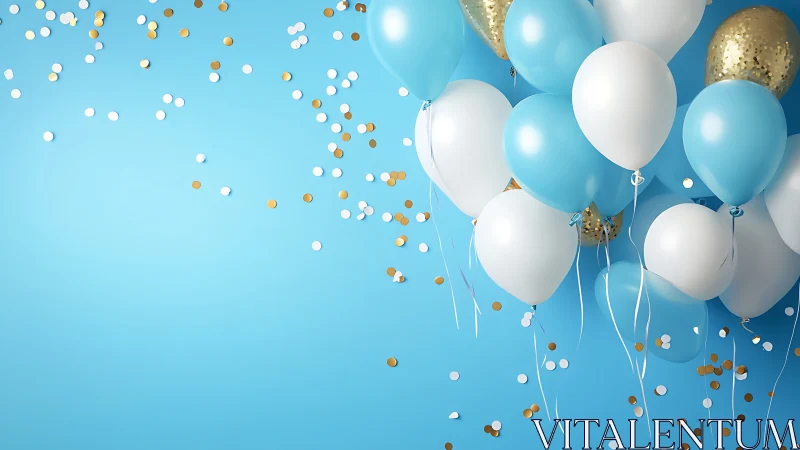 Balloons and Confetti Against Blue Background.
