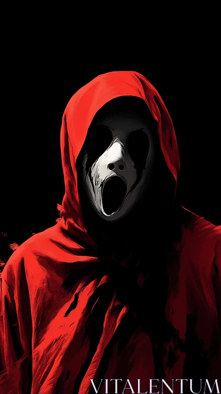 Hooded spectral figure with screaming mask emerges from black