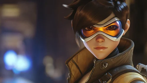 Confident sci fi heroine with orange visor in soft focus cityscape.