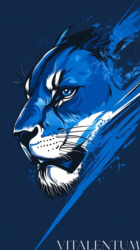 Blue stylized lion head portrait on dark abstract background.