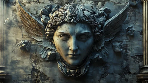 Stone winged face relief on aged architectural surface.