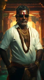 Regal elder in temple light with layered gold adornments.