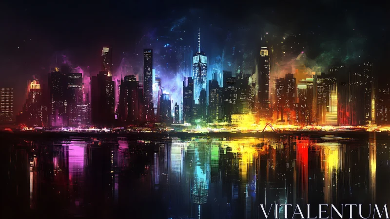 Neon lit city skyline reflects across dark waterfront