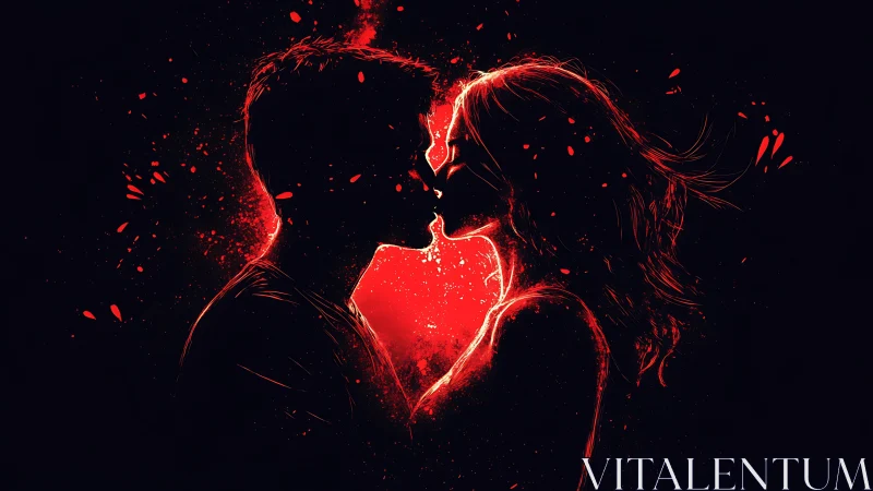 Two Silhouettes Share a Glowing Red Heart in Darkness