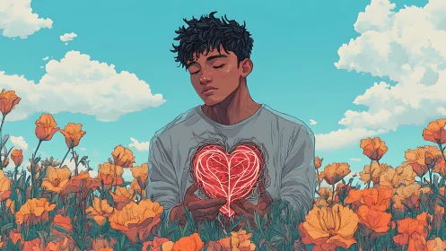 Glowing Heart in an Orange Bloom Garden.