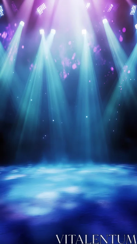 Bright stage lights pour over a glowing blue show floor