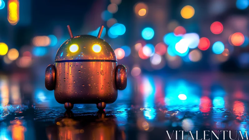 Glow-eyed street robot wandering through rainy neon night.