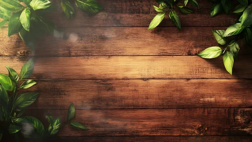 Warm wooden planks background with glossy green foliage border