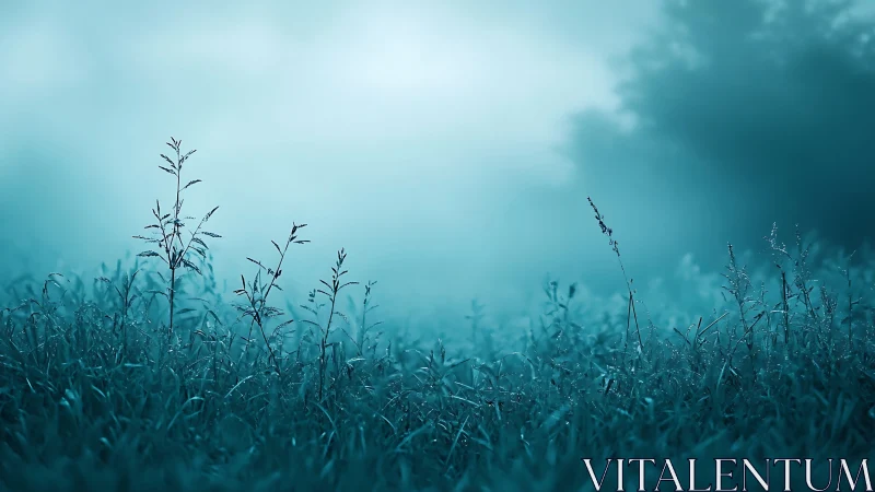 Misty meadow landscape with dewy grass in soft blue tones.