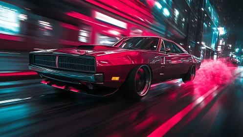 Muscle car blurs through neon city streets at high speed.