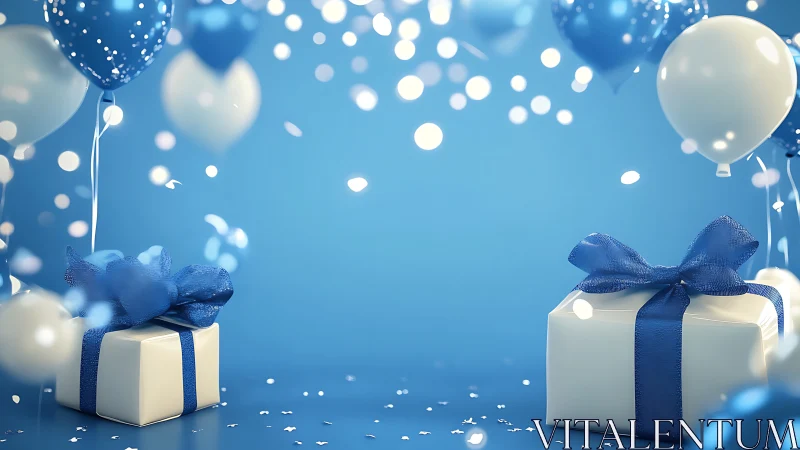 Blue and White Gift Boxes with Balloons and Bokeh.