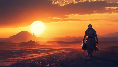 Armored wanderer crosses molten desert under colossal sun