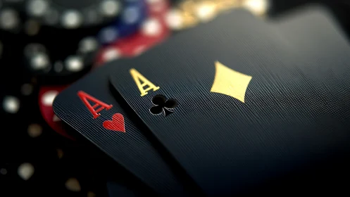 Macro view of textured black aces with gold and red inlay suits