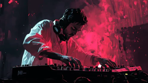 Digital DJ performance under neon red stage lights.