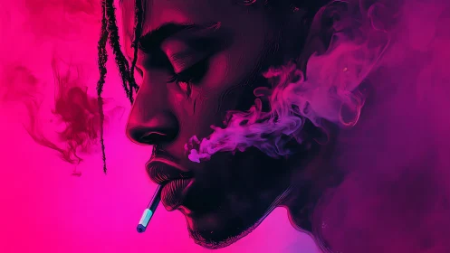 Neon-lit profile in magenta haze, contemplative smoker portrait.
