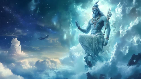 Celestial blue deity meditates above luminous storm clouds