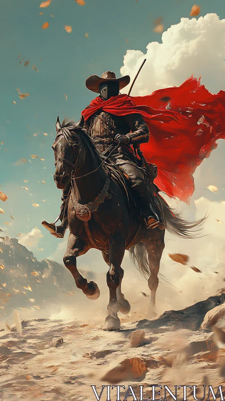 Masked desert rider with red cloak charging forward.