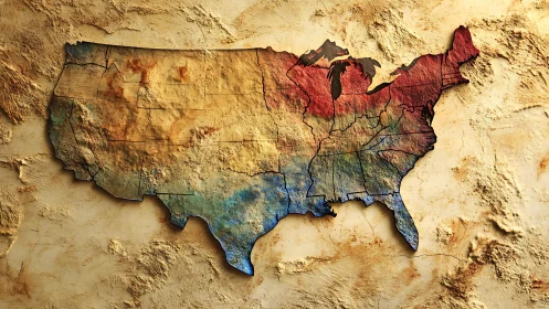 Weathered United States map glowing with rustic color charm.