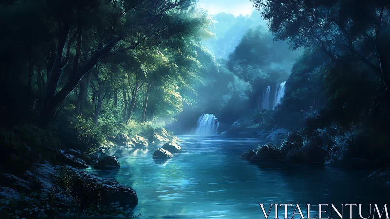 Luminous waterfall canyon surrounded by dense forest canopy.