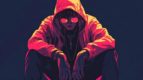 Neon hooded loner simmering in synthwave twilight hush.