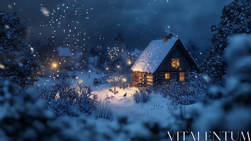Cozy winter cabin glowing softly in a peaceful snowy night.