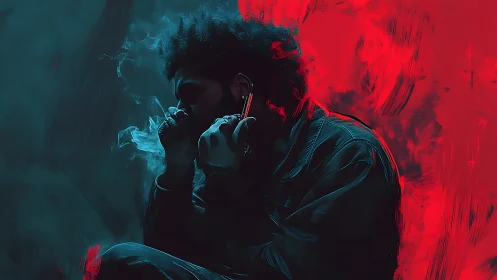 Moody smoker in teal and red dual-toned lighting broods.