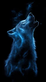 Luminous blue wolf profile in stylized cosmic silhouette.