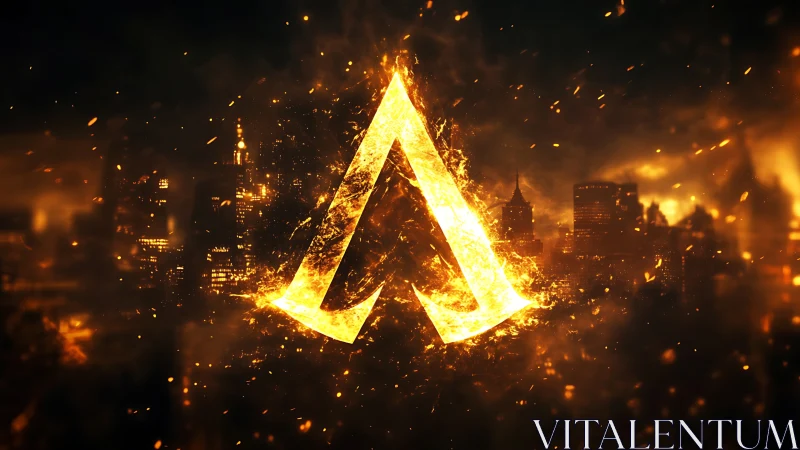 Glowing triangular symbol above illuminated cityscape against dark backdrop.