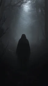 Mysterious cloaked wanderer under a ghostly forest moon.