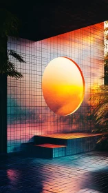 Glowing sunset portal warms a quiet tiled courtyard.