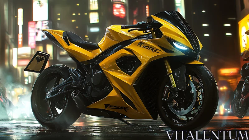 Yellow cyber-street superbike in neon city night scene.
