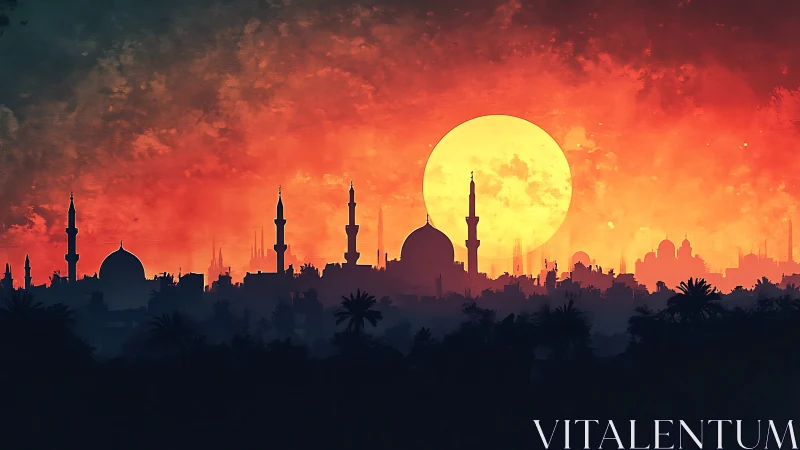 Silhouetted domes and minarets against large setting sun.
