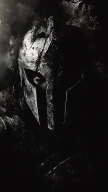 Steel helm in shadowed profile with piercing warrior gaze.