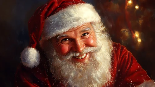 Santa Claus portrait shows close smiling face in red suit