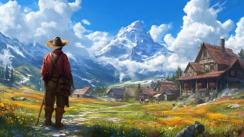 Lone traveler surveys alpine village under towering snow peak